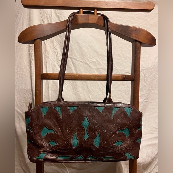 Leaders in Leather VTG Made in Paraguay Dark Brown/Aqua hand tooled Leather bag - Picture 5 of 13